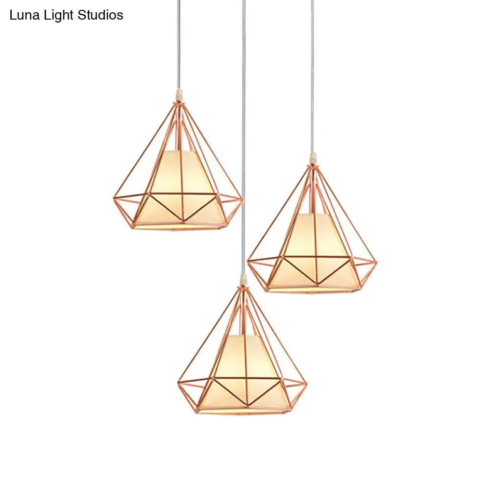 Rose Gold Wire Frame Pendant Lamp With Modern Style Design - 3 Bulbs Fabric And Metal Linear/Round