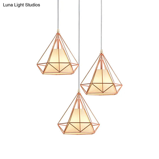 Rose Gold Wire Frame Pendant Lamp With Modern Style Design - 3 Bulbs Fabric And Metal Linear/Round