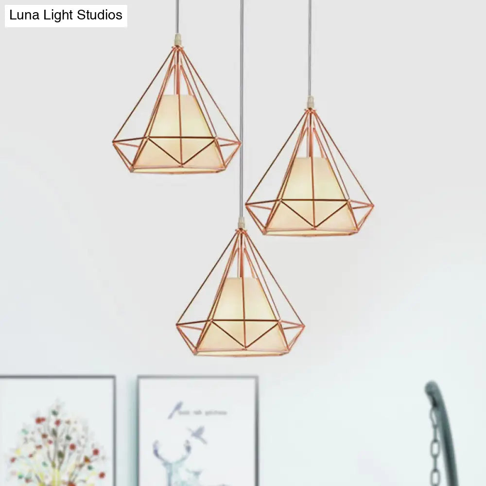 Rose Gold Wire Frame Pendant Lamp With Modern Style Design - 3 Bulbs Fabric And Metal Linear/Round