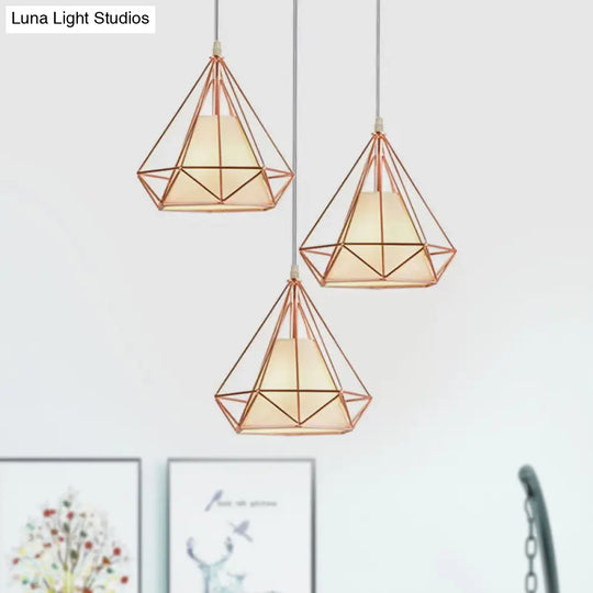 Rose Gold Wire Frame Pendant Lamp With Modern Style Design - 3 Bulbs Fabric And Metal Linear/Round