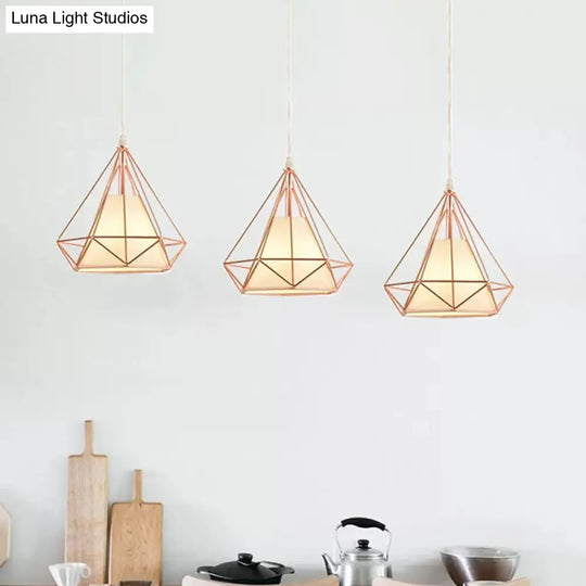 Modern Rose Gold Wire Frame Pendant Lamp With 3 Bulbs