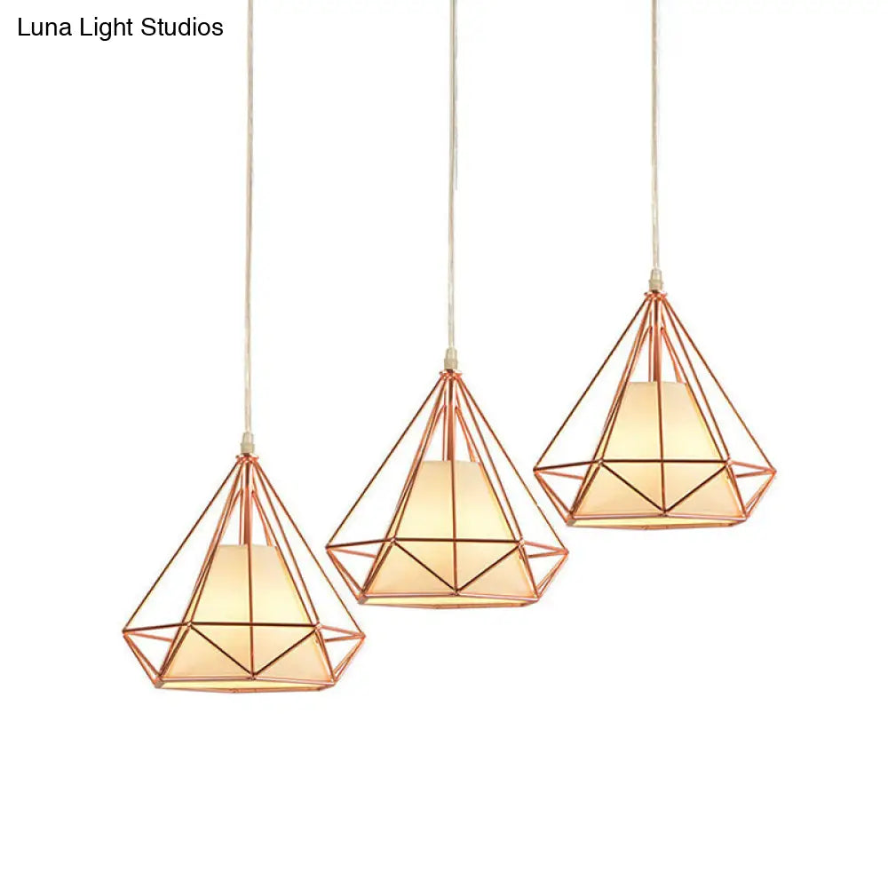 Rose Gold Wire Frame Pendant Lamp With Modern Style Design - 3 Bulbs Fabric And Metal Linear/Round