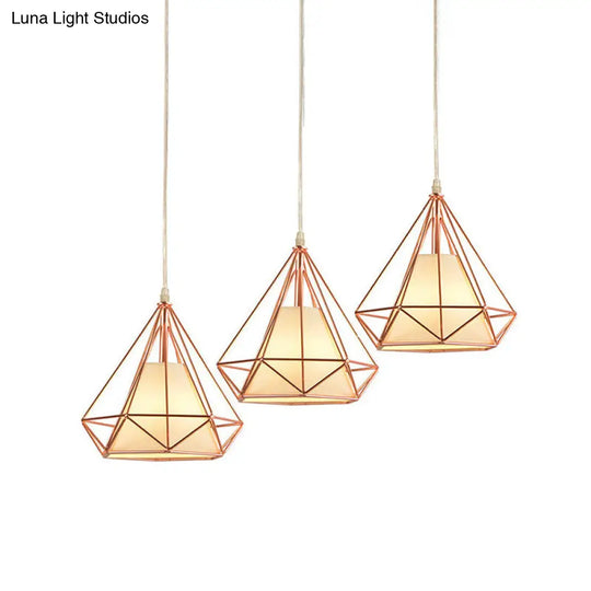 Rose Gold Wire Frame Pendant Lamp With Modern Style Design - 3 Bulbs Fabric And Metal Linear/Round