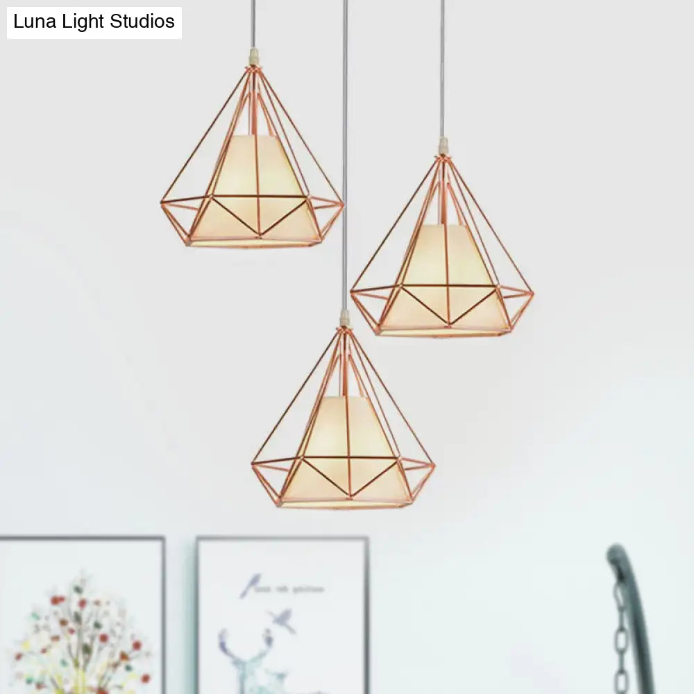 Modern Rose Gold Wire Frame Pendant Lamp With 3 Bulbs