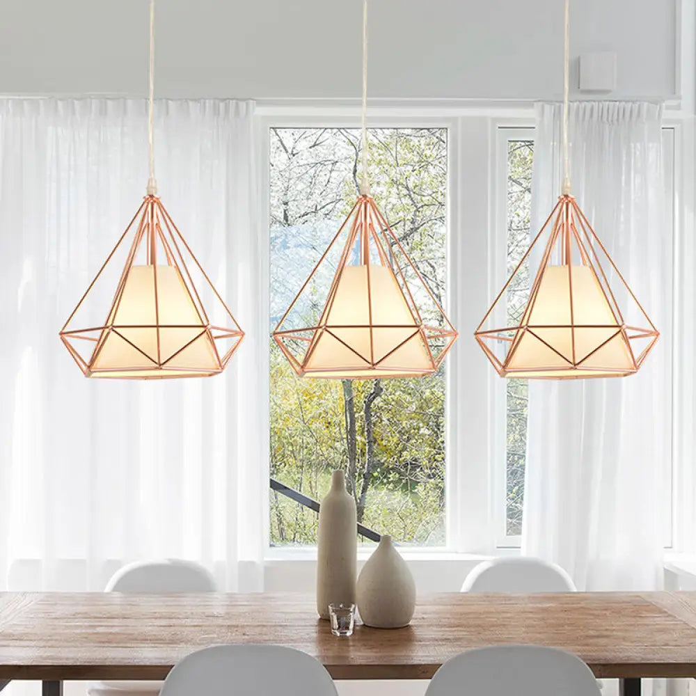 Modern Rose Gold Wire Frame Pendant Lamp With 3 Bulbs / Linear