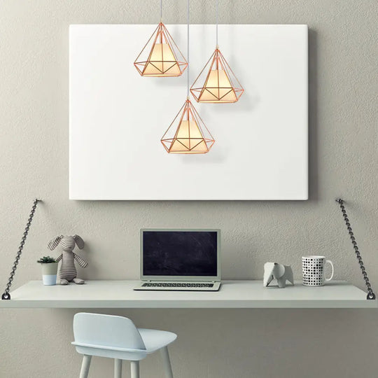 Modern Rose Gold Wire Frame Pendant Lamp With 3 Bulbs / Round