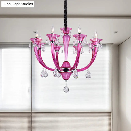 Modern Red Glass Candlestick Chandelier - 8-Light Chrome Pendant With Crystal Draping For Living