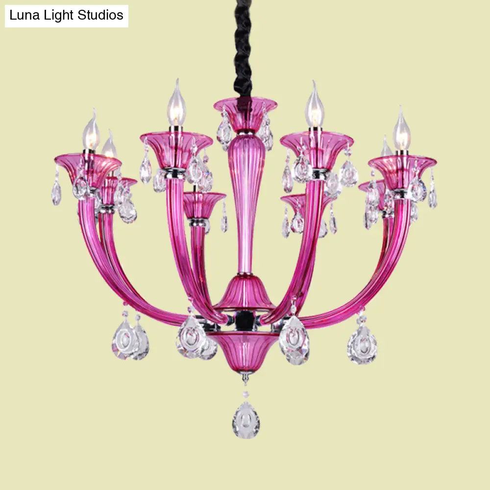 Modern Rose Red Glass Chandelier With Crystal Draping - 8-Light Chrome Pendant For Living Room