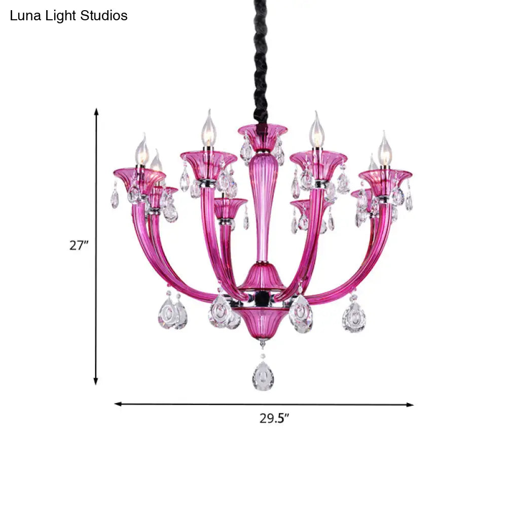 Modern Red Glass Candlestick Chandelier - 8-Light Chrome Pendant With Crystal Draping For Living