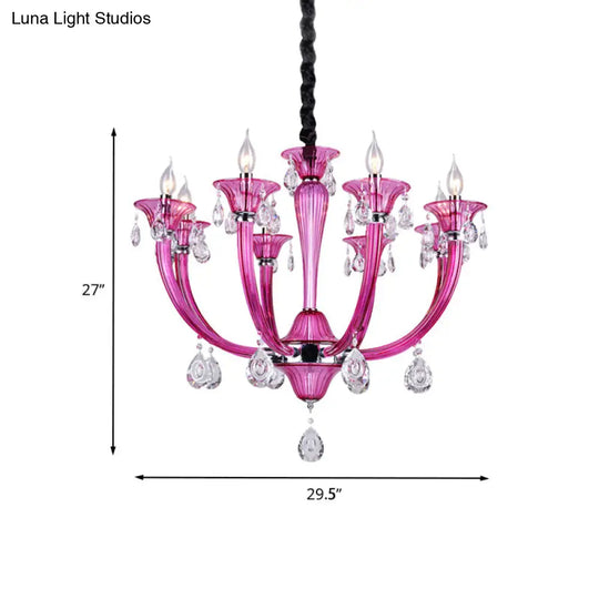 Modern Red Glass Candlestick Chandelier - 8-Light Chrome Pendant With Crystal Draping For Living