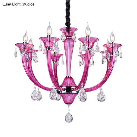 Modern Red Glass Candlestick Chandelier - 8-Light Chrome Pendant With Crystal Draping For Living