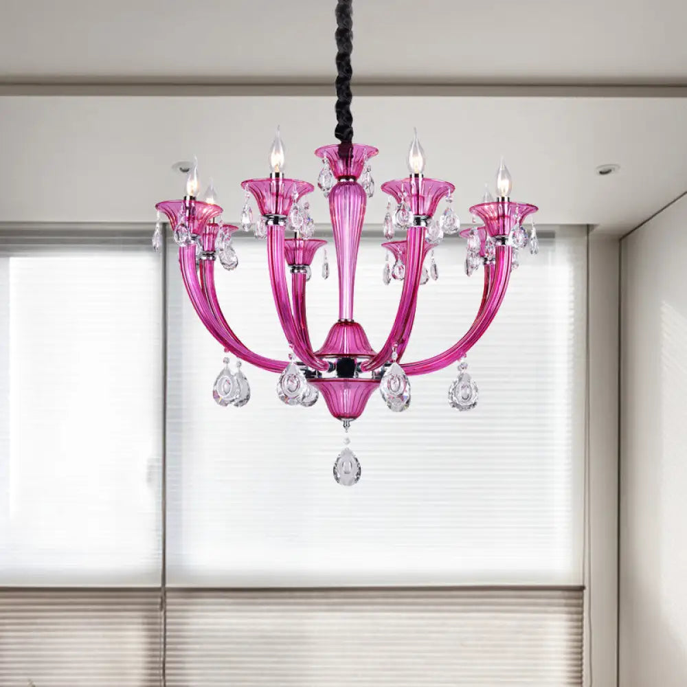 Modern Rose Red Glass Chandelier With Crystal Draping - 8-Light Chrome Pendant For Living Room