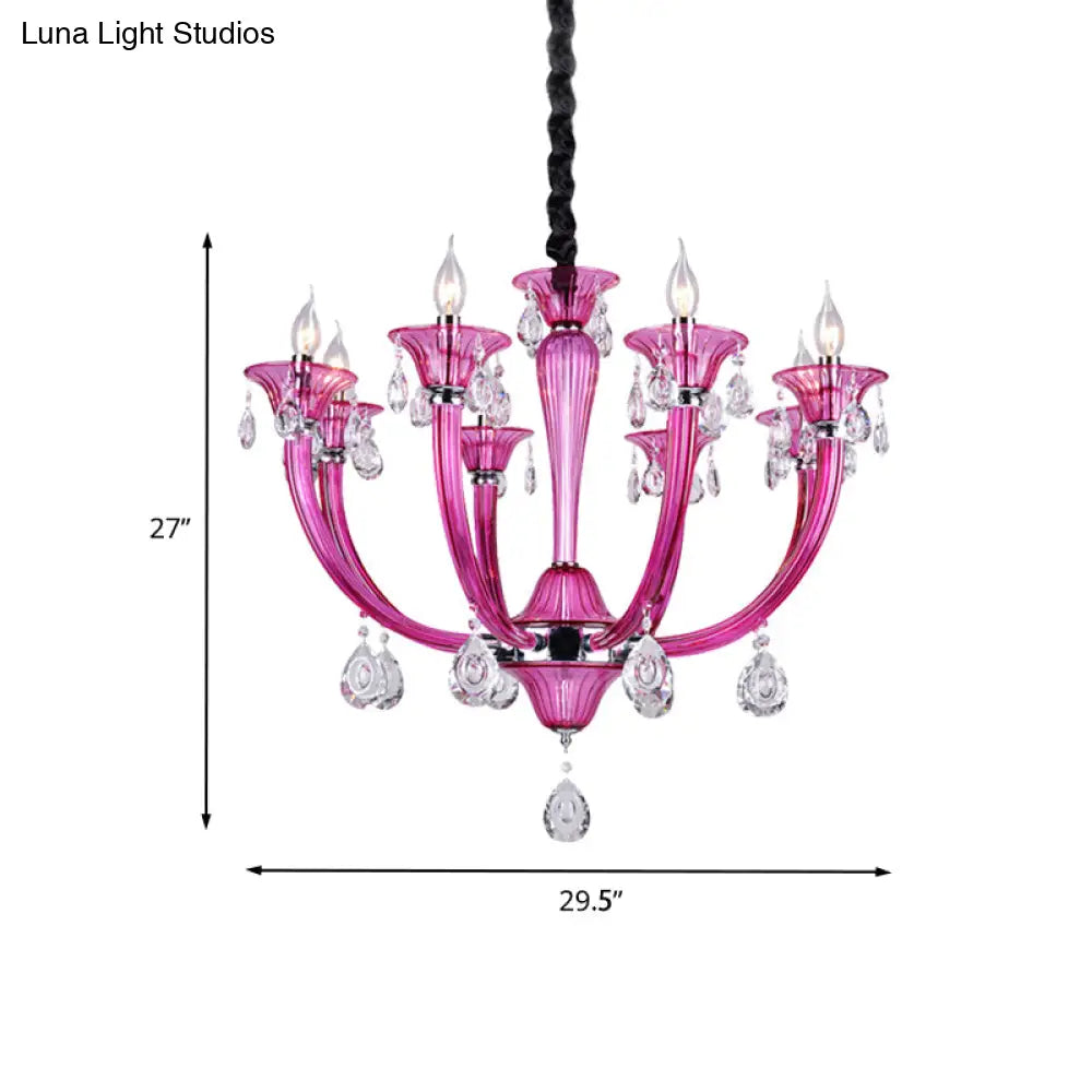 Modern Rose Red Glass Chandelier With Crystal Draping - 8-Light Chrome Pendant For Living Room