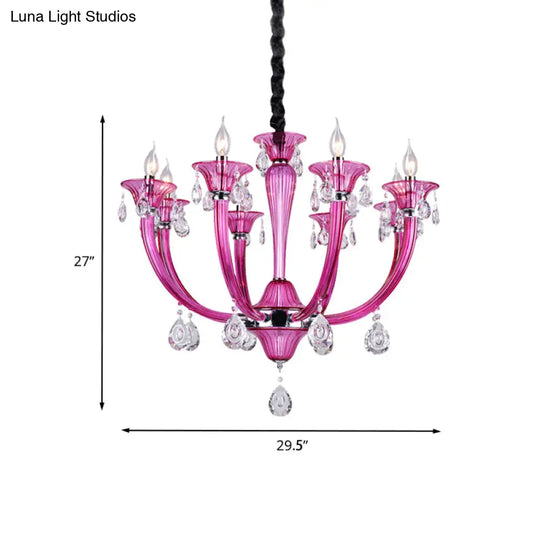 Modern Rose Red Glass Chandelier With Crystal Draping - 8-Light Chrome Pendant For Living Room