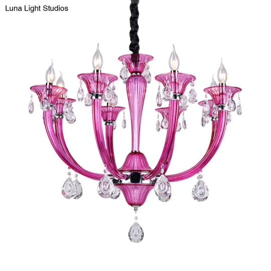 Modern Rose Red Glass Chandelier With Crystal Draping - 8-Light Chrome Pendant For Living Room