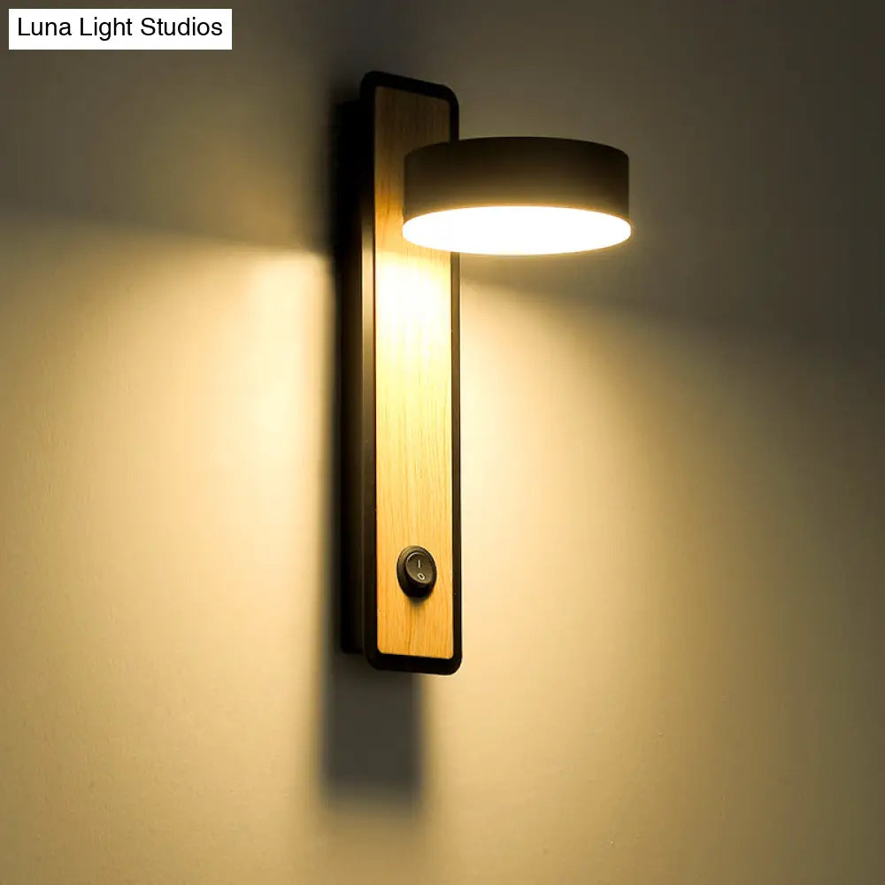 Modern Rotatable 1-Light Round Wooden Led Wall Sconce Lamp In Black/White Warm/White Light