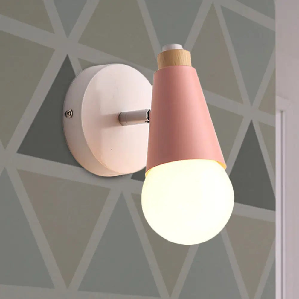 Modern Rotatable Macaron Sweet Cone Wall Sconce For Kid Bedroom - 1 Head Metal Light Pink