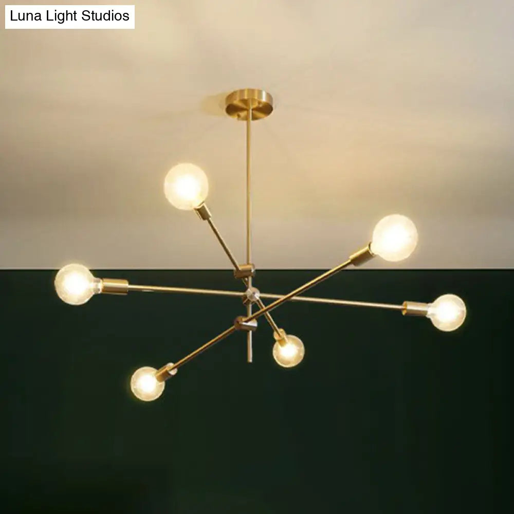 Modern Rotating Arm Chandelier - Sleek Metallic Living Room Ceiling Lamp With Open Bulb Design