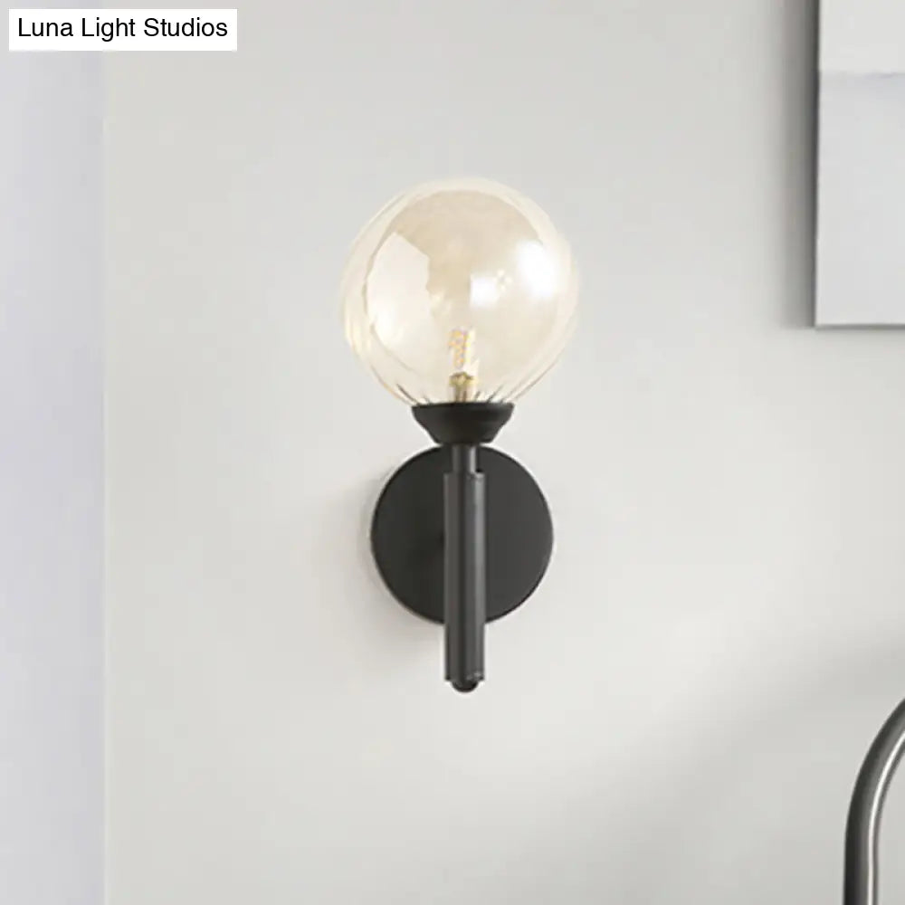 Modern Round 1-Light Black Sconce Light - Textured Glass Wall Lamp For Bedroom