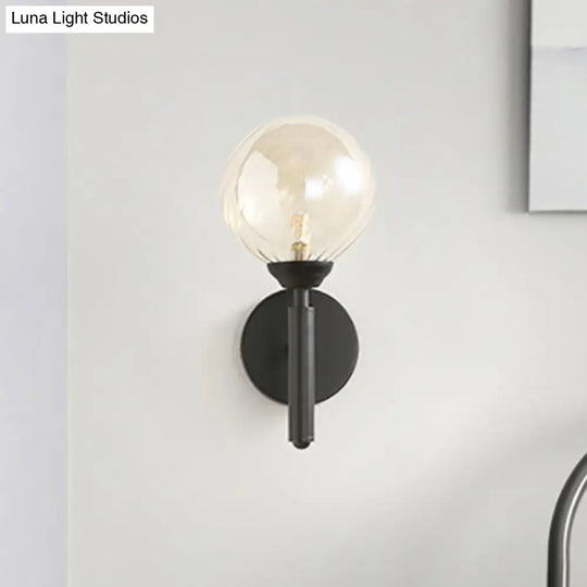 Modern Round 1-Light Black Sconce Light - Textured Glass Wall Lamp For Bedroom