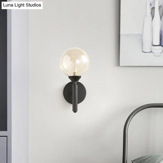 Modern Round 1-Light Black Sconce Light - Textured Glass Wall Lamp For Bedroom