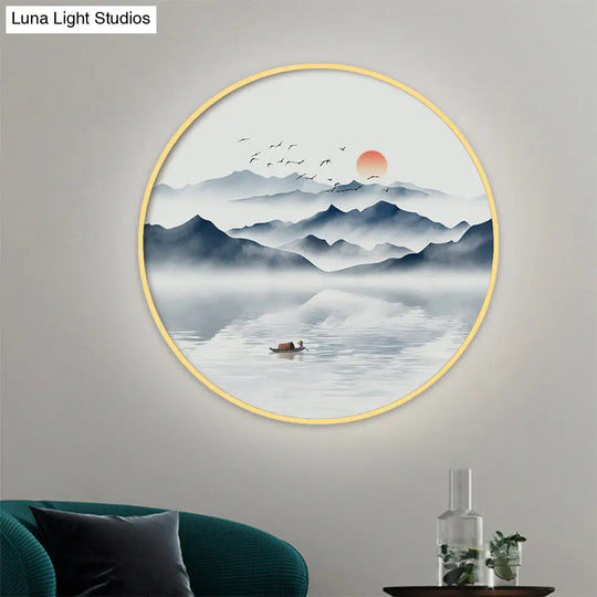 Modern Round Acrylic Wall Sconce Light - Asian Grey/Blue Mountain River Design Warm/White Led