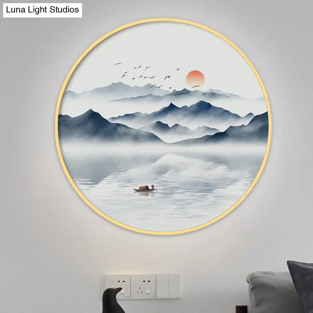 Modern Round Acrylic Wall Sconce Light - Asian Grey/Blue Mountain River Design Warm/White Led