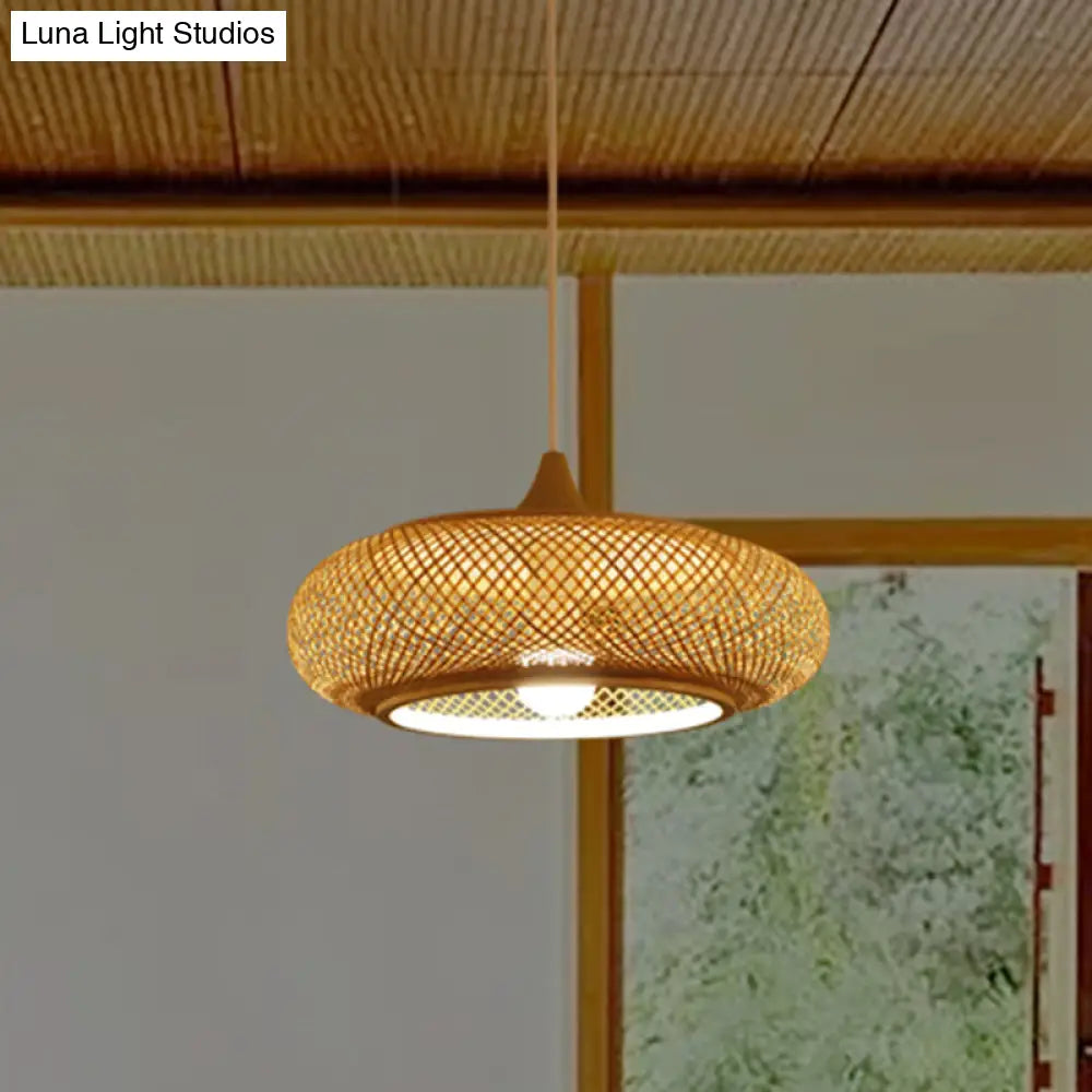 Modern Round Bamboo Pendant Lamp - Beige 1 Head Ceiling Light For Tea Room