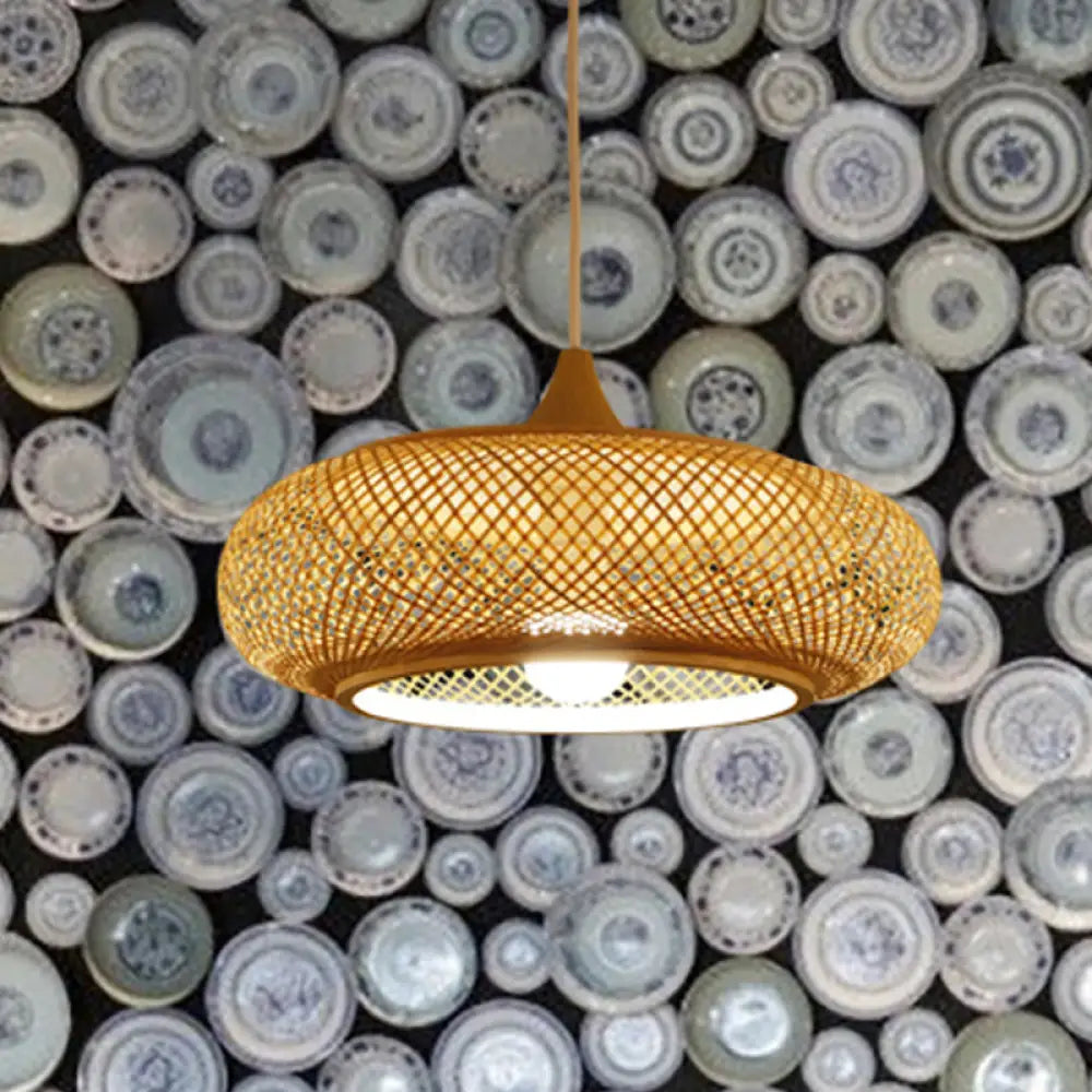 Modern Round Bamboo Pendant Lamp - Beige 1 Head Ceiling Light For Tea Room