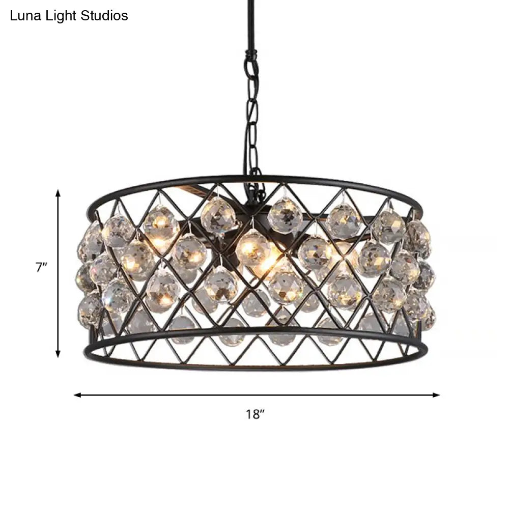 Modern Round Black Chandelier Light With Iron Frame Metal And Crystal - 4 Lights