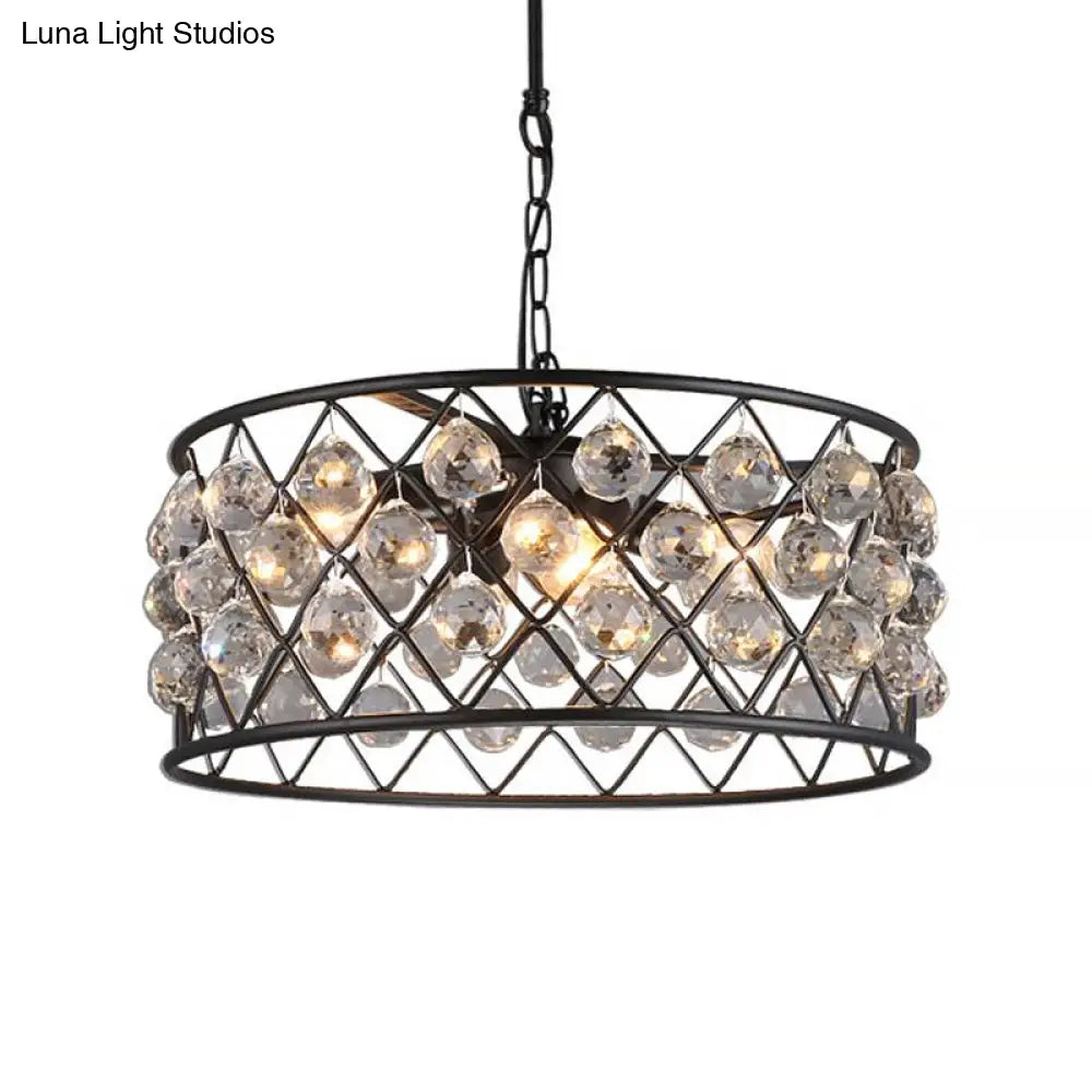 Modern Round Black Chandelier Light With Iron Frame Metal And Crystal - 4 Lights