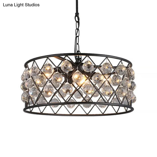 Modern Round Black Chandelier Light With Iron Frame Metal And Crystal - 4 Lights