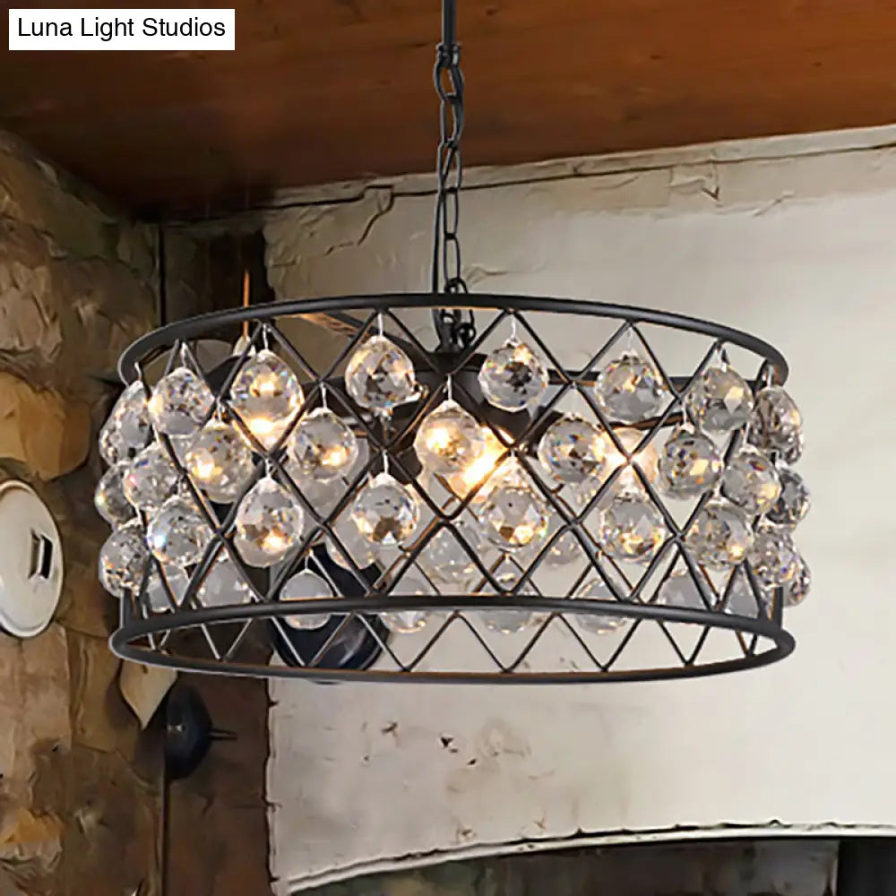 Modern Round Black Chandelier Light With Iron Frame Metal And Crystal - 4 Lights