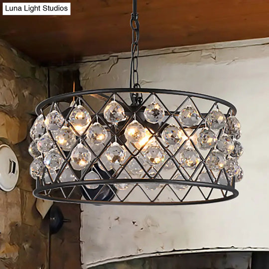 Modern Round Black Chandelier Light With Iron Frame Metal And Crystal - 4 Lights