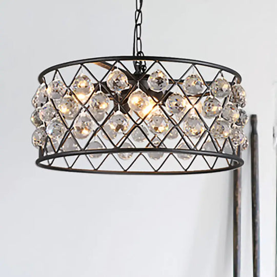 Modern Round Black Chandelier Light With Iron Frame Metal And Crystal - 4 Lights