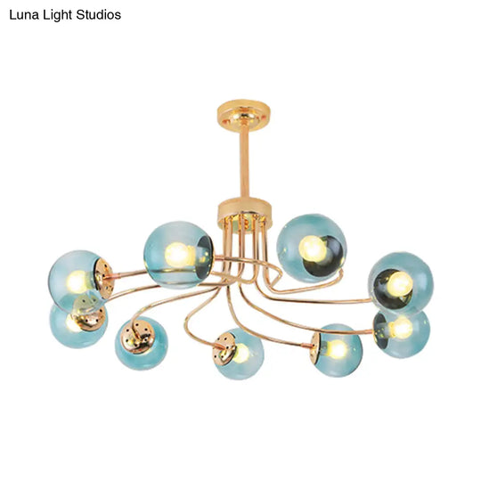 Modern Round Blue/Amber Glass Ceiling Chandelier - 9-Light Gold/Black Hanging Lamp Kit