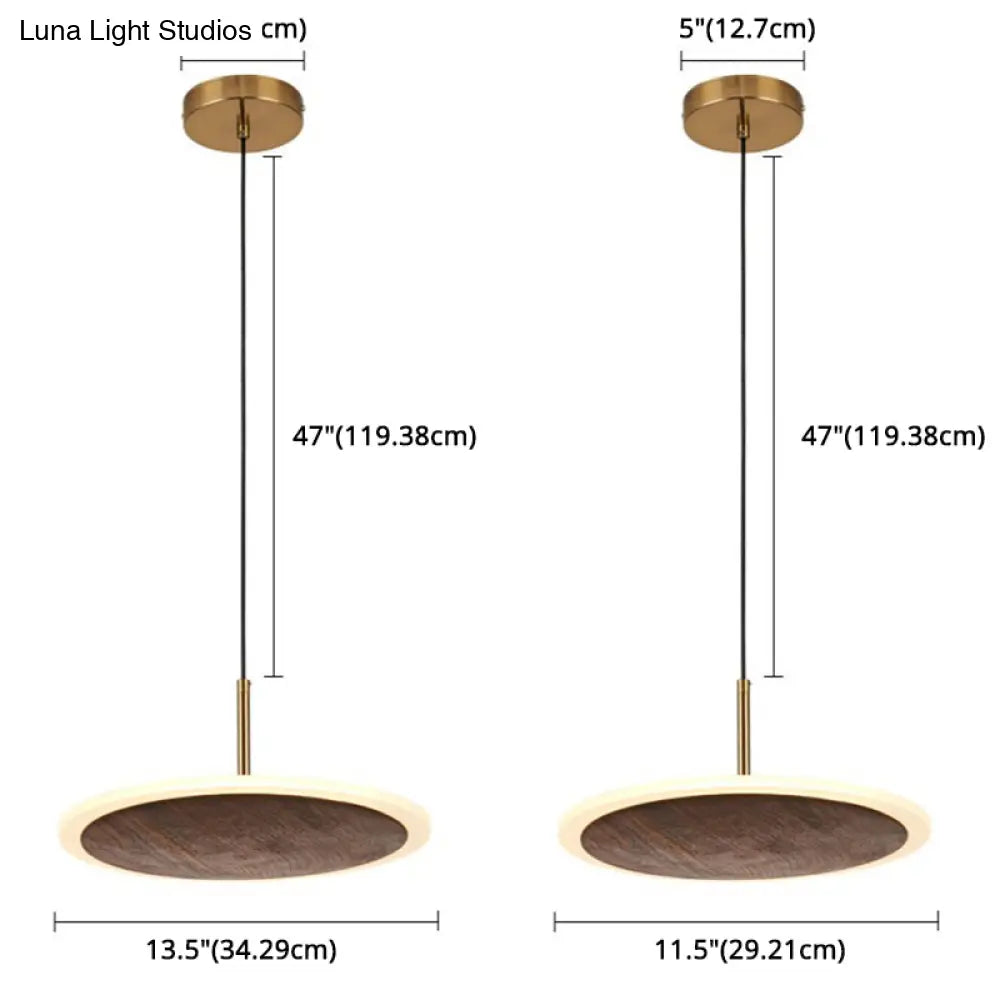 Modern Round Brown Walnut Wood Pendant Light - Simple Led Hanging Lamp For Living Room