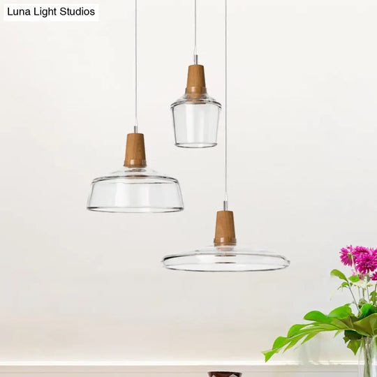 Modern Round Canopy Coffee Shop Multi Pendant Clear/Smoked Glass Ceiling Light With Wood Accent -