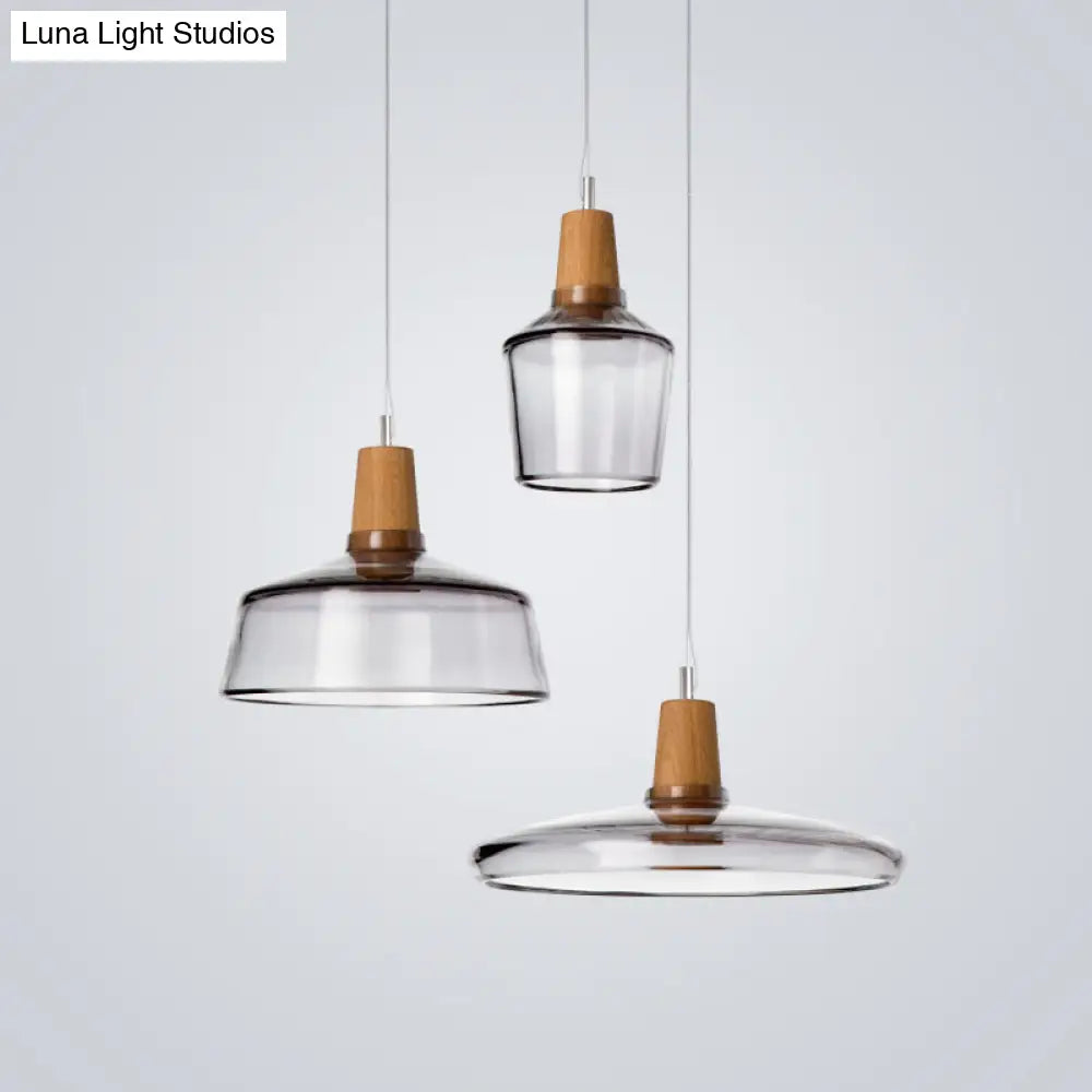 Modern Round Canopy Coffee Shop Multi Pendant Clear/Smoked Glass Ceiling Light With Wood Accent -