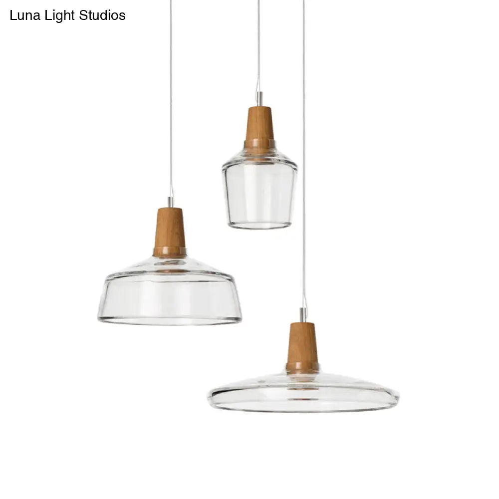 Modern Round Canopy Coffee Shop Multi Pendant Clear/Smoked Glass Ceiling Light With Wood Accent -