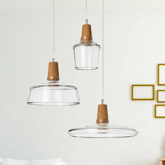 Modern Round Canopy Coffee Shop Multi Pendant Clear/Smoked Glass Ceiling Light With Wood Accent -