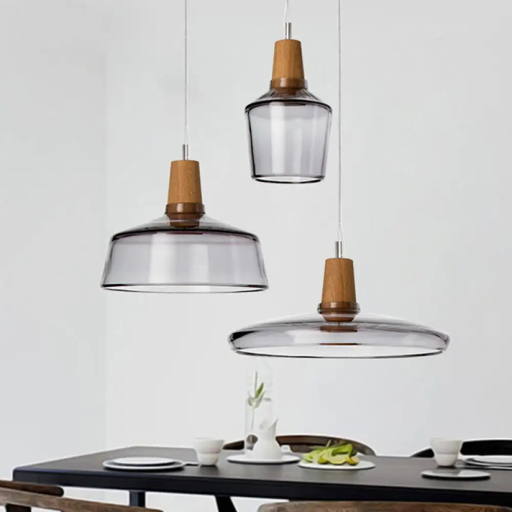 Modern Round Canopy Coffee Shop Multi Pendant Clear/Smoked Glass Ceiling Light With Wood Accent -
