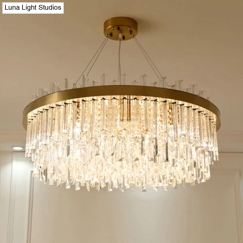 Modern Round Chandelier Light Fixture With K9 Crystal Brass Suspension For Bedroom