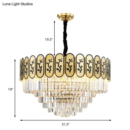 Modern Round Chandelier With Flower Pattern Crystal And Metal Hanging Light For Bedroom - Brass