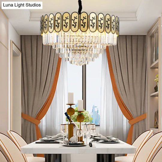 Modern Round Chandelier With Flower Pattern In Brass For Bedroom - Crystal And Metal Hanging Light