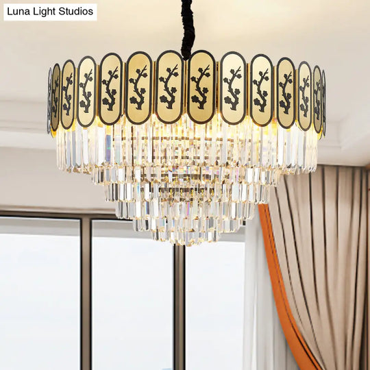 Modern Round Chandelier With Flower Pattern In Brass For Bedroom - Crystal And Metal Hanging Light