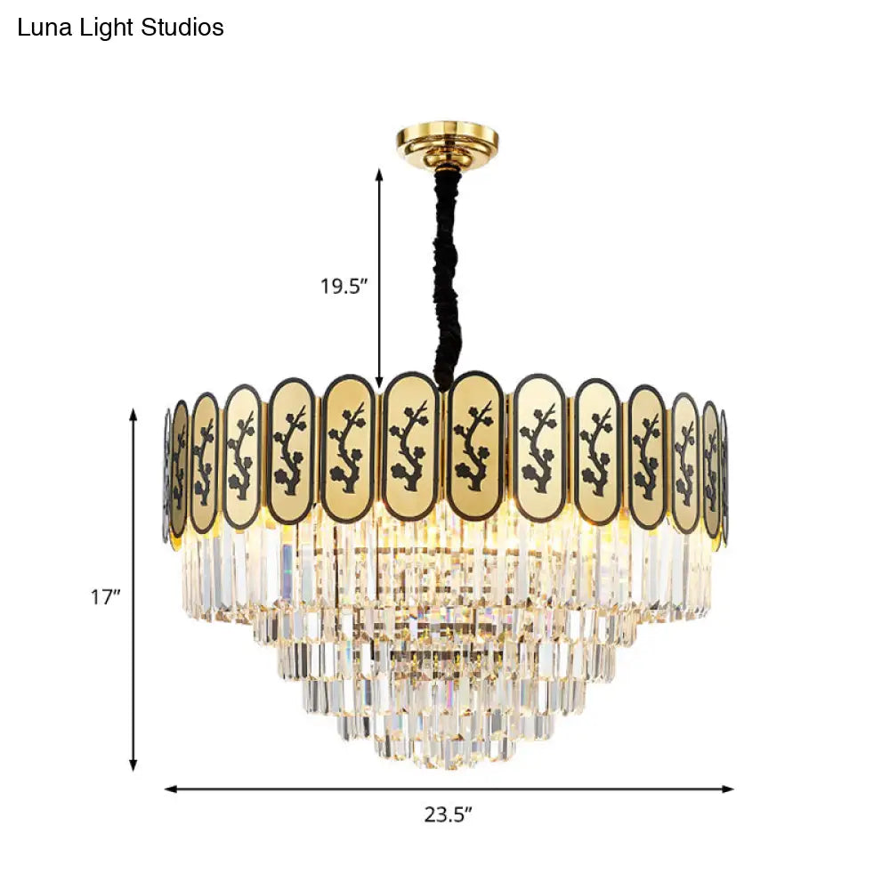 Modern Round Chandelier With Flower Pattern In Brass For Bedroom - Crystal And Metal Hanging Light