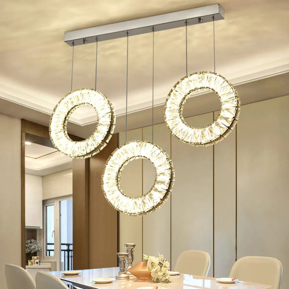 Modern Round Cluster Pendant Light- Crystal 3 Bulb Suspended Fixture In Nickel