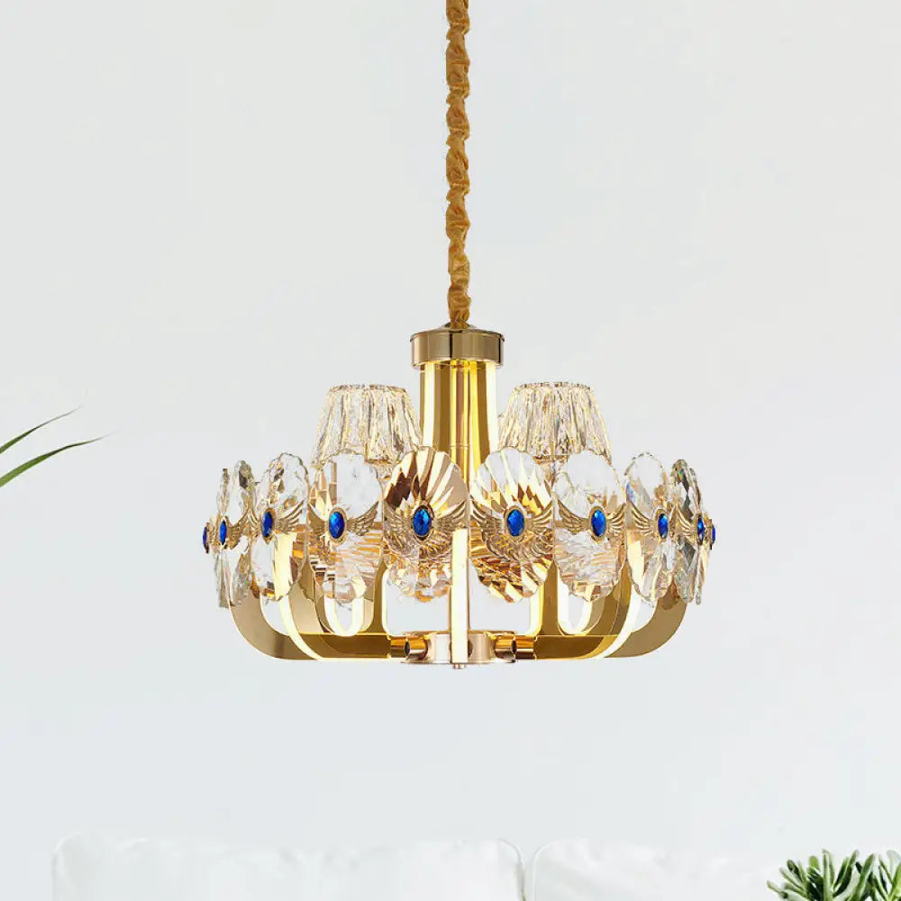 Modern Round Crystal Pendant Chandelier: 8-Bulb Led Ceiling Fixture In Gold With Cone Shade