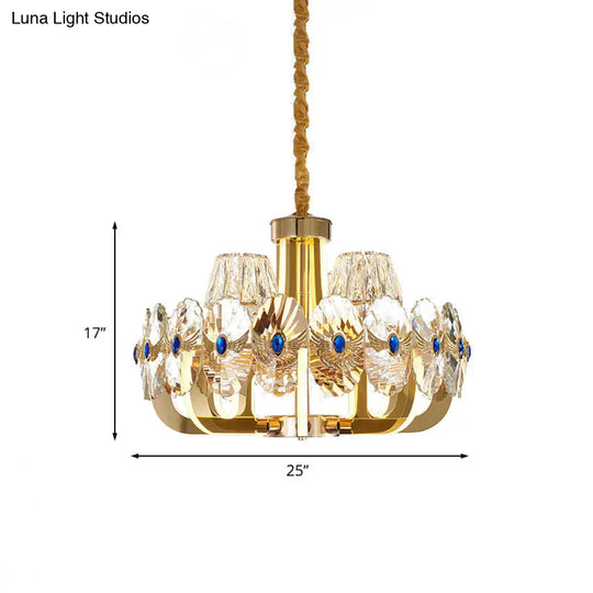 Modern Round Crystal Pendant Chandelier: 8-Bulb Led Ceiling Fixture In Gold With Cone Shade